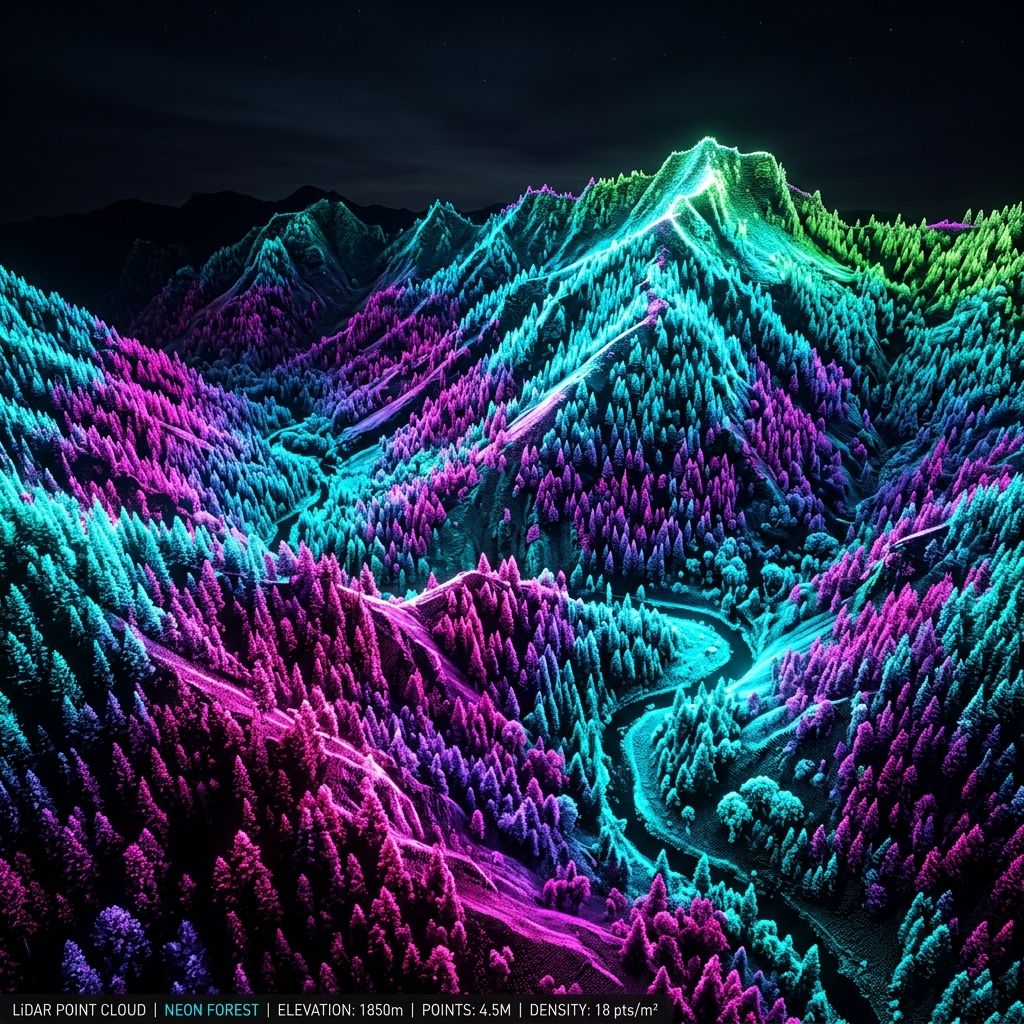 Stylized neon mountains in vivid green, blue, and purple hues create a breathtaking digital landscape.