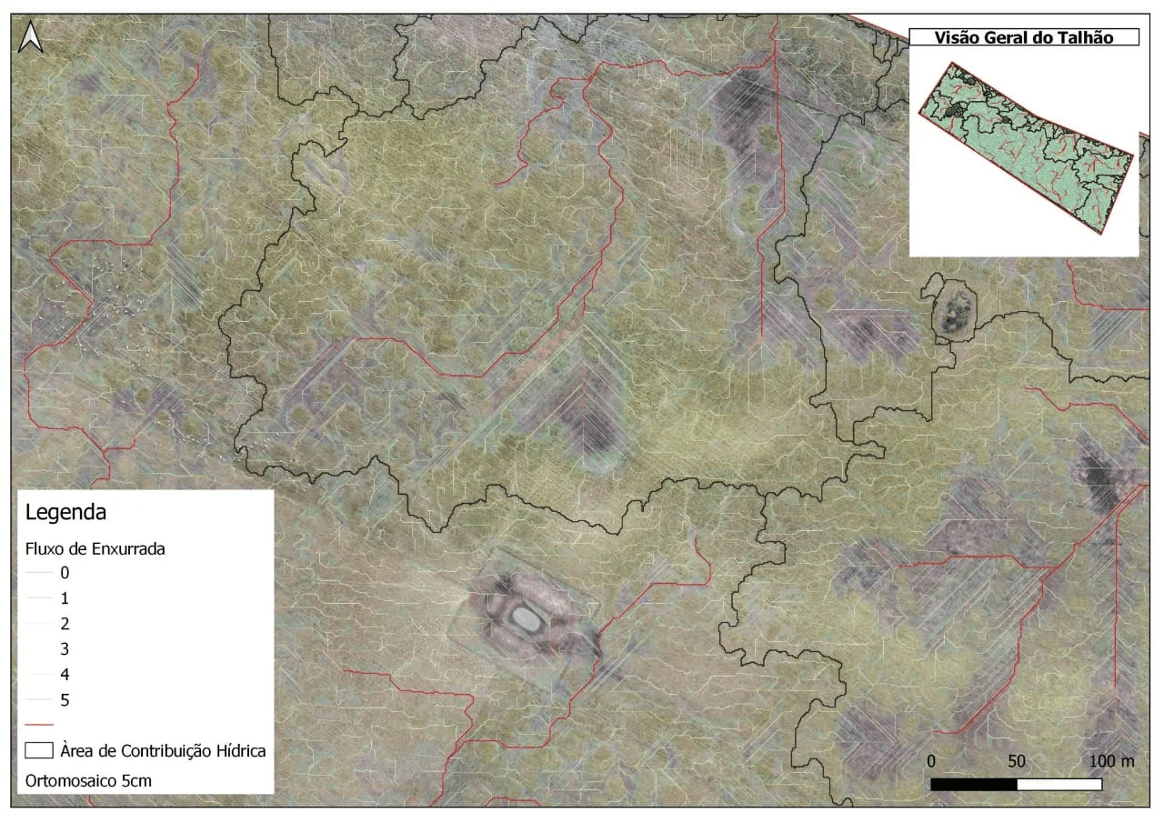 Detailed hydrological map of a terrain with red and black drainage flow lines and a legend.