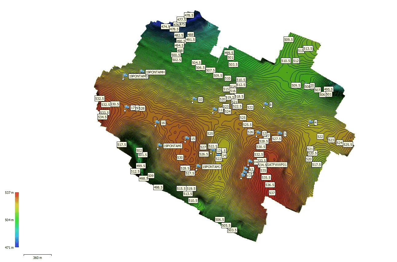 Colorful topographical map showing elevation changes with numerous marked data points.