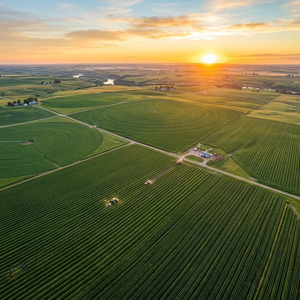 Aerial view of vast green agricultural fields under a golden sunset sky.
