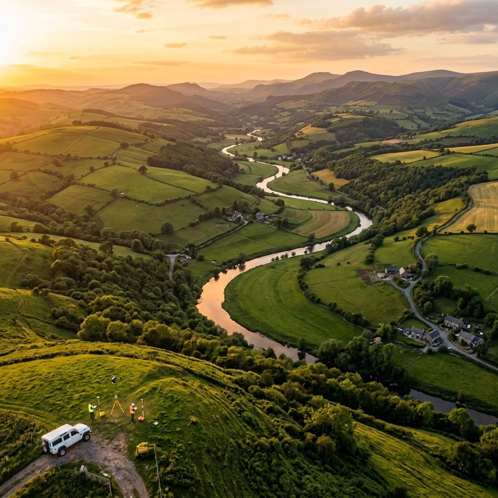 Aerial view of a winding river through green valleys at sunset with a campervan.